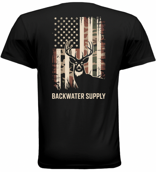 Backwater Supply – American Buck Camo Flag Tee