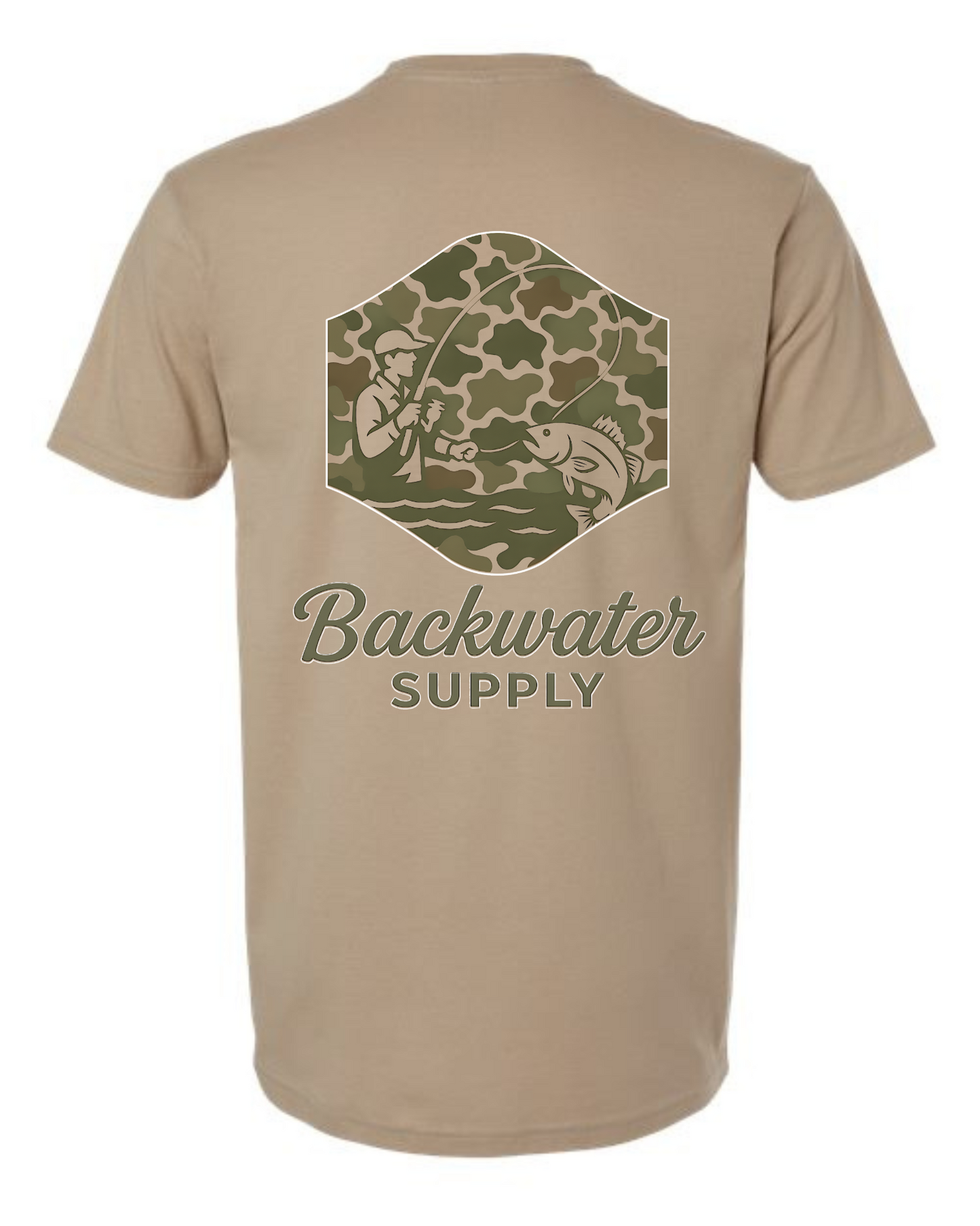 Youth Backwater Supply – Angler Camo Badge Tee