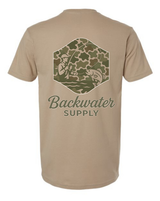 Youth Backwater Supply – Angler Camo Badge Tee